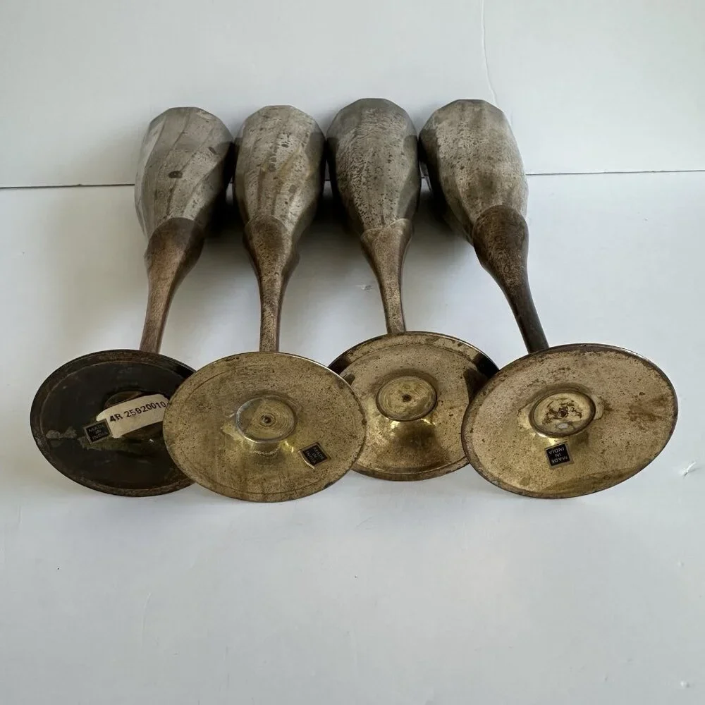 Set Of 4 Vintage Silver Plated&Brass? Stemmed‎ Tulip Champagne Toasting Flutes